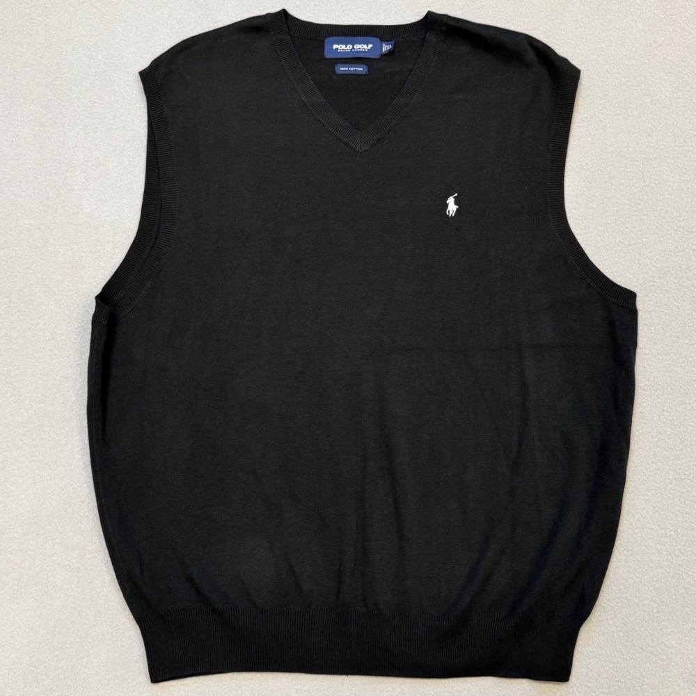 Polo Golf Ralph Lauren Sweater Vest Mens XL Black Cotton V-Neck White Pony Logo